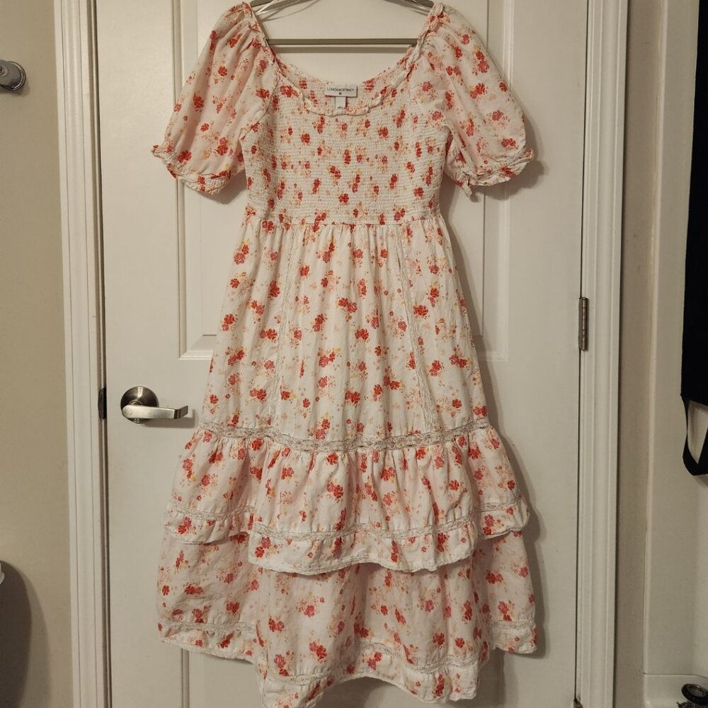LoveShackFancy X Target Size L Women's White and Pink Floral Tiered Midi Dress